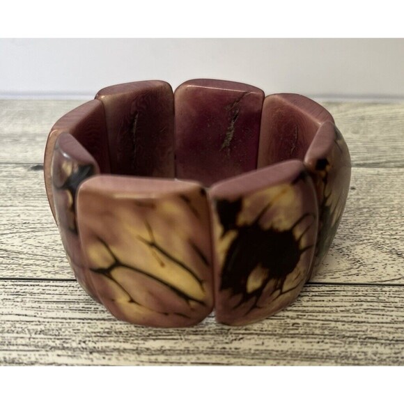 Tagua Nut Stretch Wide Bracelet Purple Brown Boho Style - Picture 2 of 7